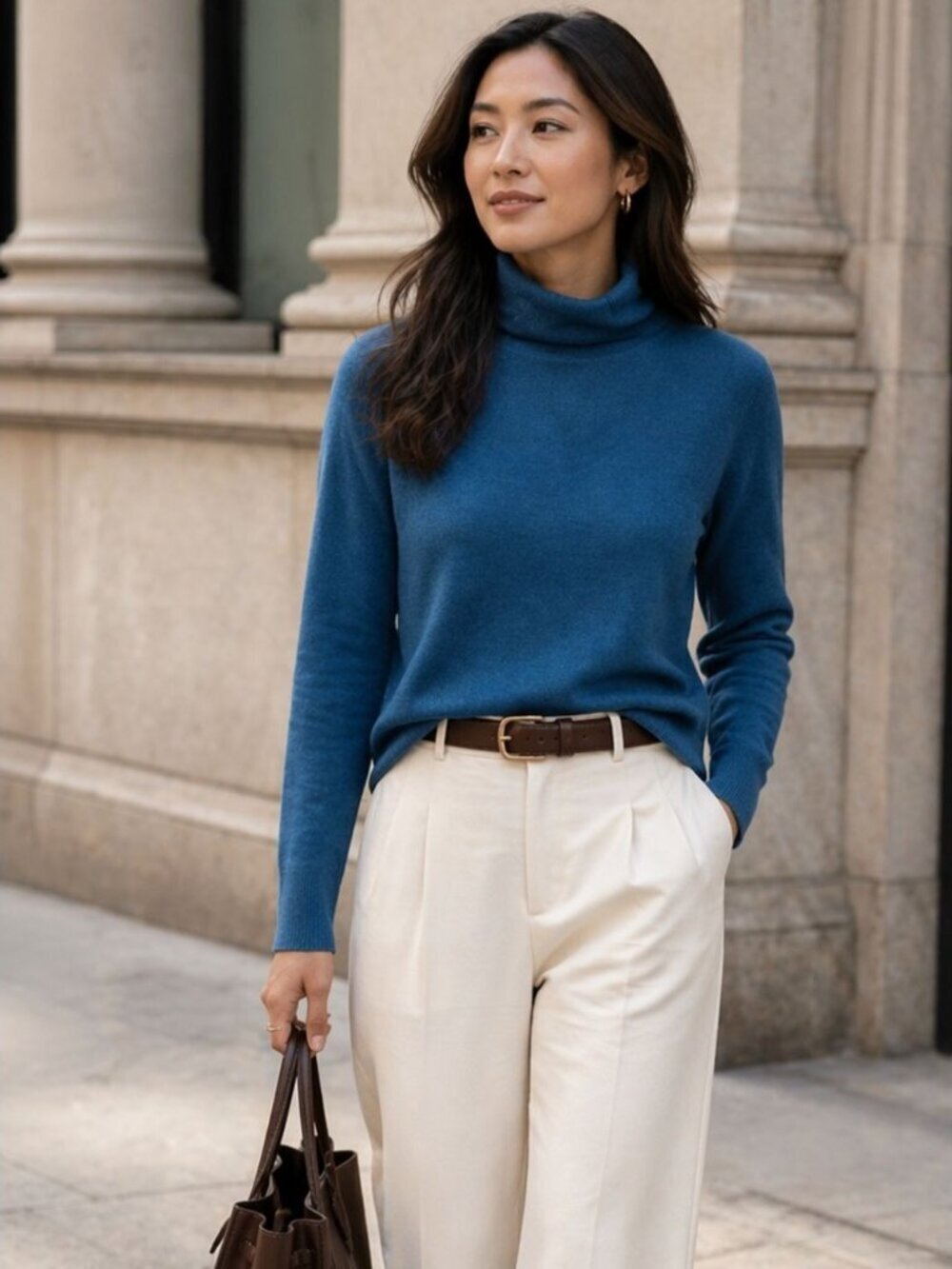 Tahari Fine Merino Wool Turtleneck Sweater Blue Lightweight Minimalist Size M